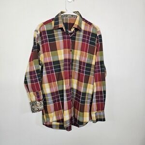 Alan Flusser Mens Medium Long Sleeve Button Down Shirt Plaid Flip Cuff 100% Cott